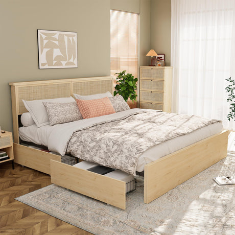 Yechen King Bed Frame with Natural Rattan Headboard and Wooden 4 Storage Drawers, Light Oak Metal Platform Bedframe with Strong Wooden Slats Support, Boho Cane Wood Bed, No Box Spring Needed Yechen