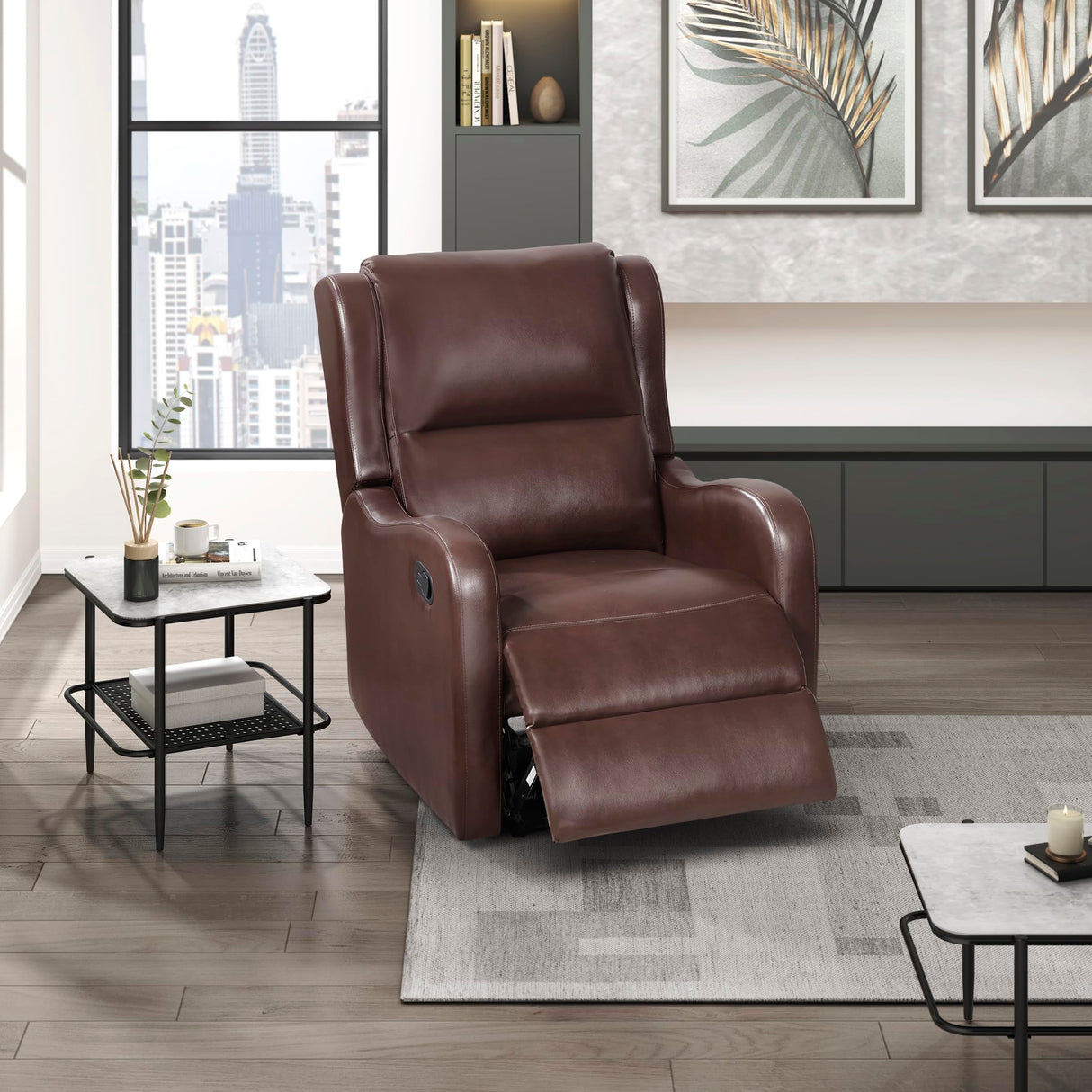 Lexicon Manual Recliner Chair, Reclining Sofa Chair, Home Theater Seating, Wall Hugger, Manual Recliner for Living Room/Office/Apartment, Easy Assembly, Brown Faux Leather Lexicon