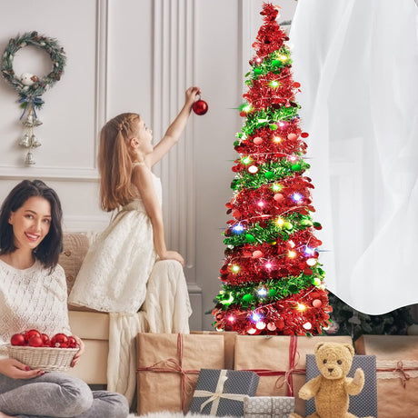 5 FT Collapsible Sequin Pop Up Christmas Tree with 90 LED Lights, Skinny Pencil Tinsel Xmas Tree with Stand for Apartments Kungfuking