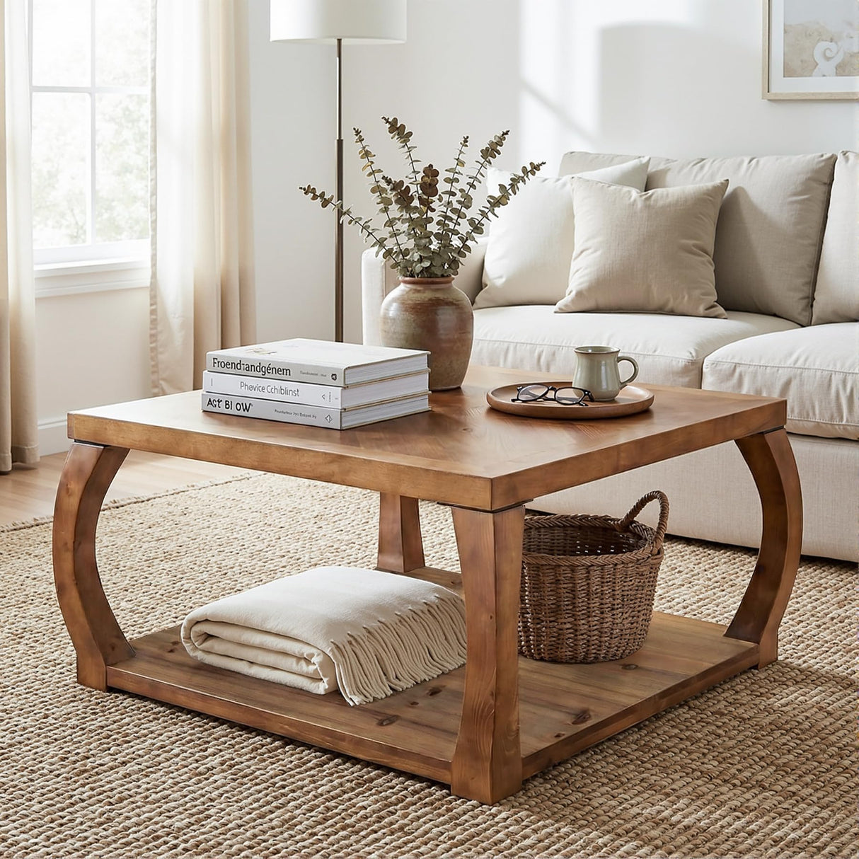 TRIBEWOOD 31.49“ Square Solid Wood Coffee Table, Farmhouse Center Table with Storage, Accent Cocktail Table for Living Room, Brown TRIBEWOOD