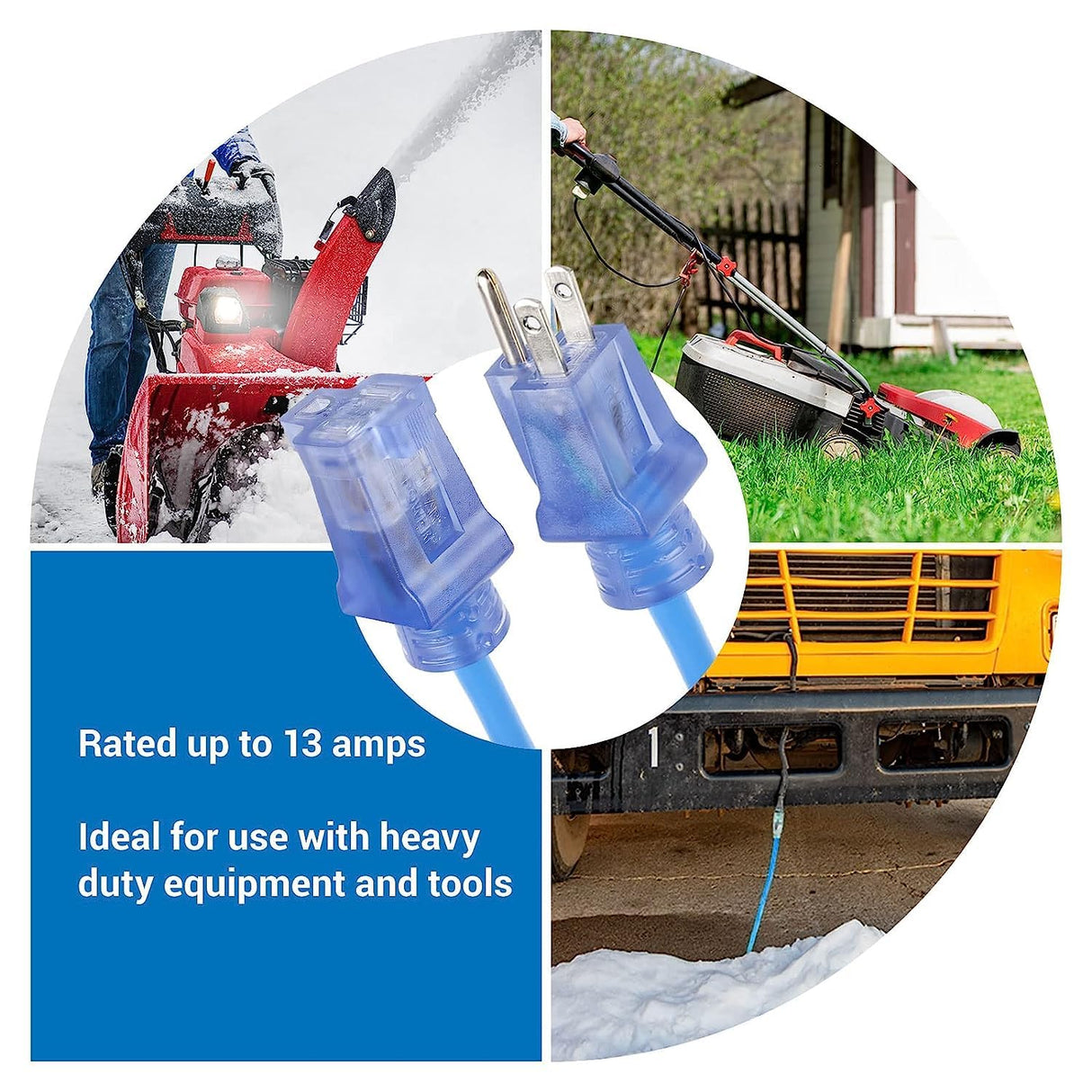 Clear Power 100 ft 14/3 SJTW -50°C Extreme Cold Weather Outdoor Indoor Extension Cord, Blue, Grounded Plug and Lighted Connector, Ideal for Snow Blowers and Power Tools, DCOC-0078-DC Clear Power