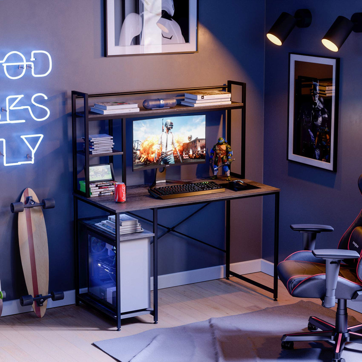 Nost & Host Rustic Grey Computer Desk with Hutch and Adjustable Shelves for Home Office and Gaming Nost & Host