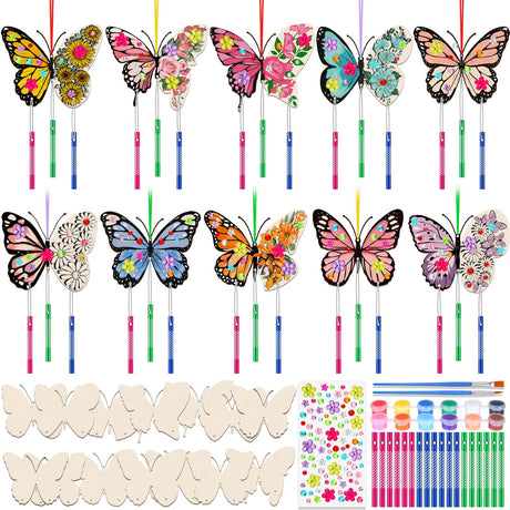 Colingmill 30 Pack Wind Chime Kit Make You Own Crafts Wind Chimes Outdoors Decorative DIY Coloring Wooden Crafts for Gift Art Room Birthday Party Favors(Butterfly Style) Colingmill