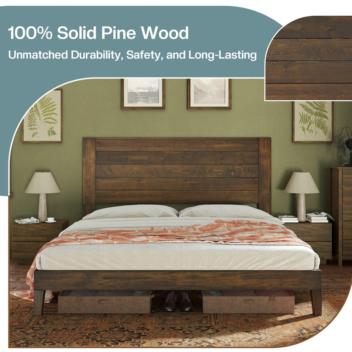 Jocisland Farmhouse Solid Wood Full Size Bed Frame with 48'' High Headboard, Rustic Platform Bed with Under-Bed Storage, No Box Spring Needed, Heavy Duty Support for Small Bedroom, Dark Brown Jocisland