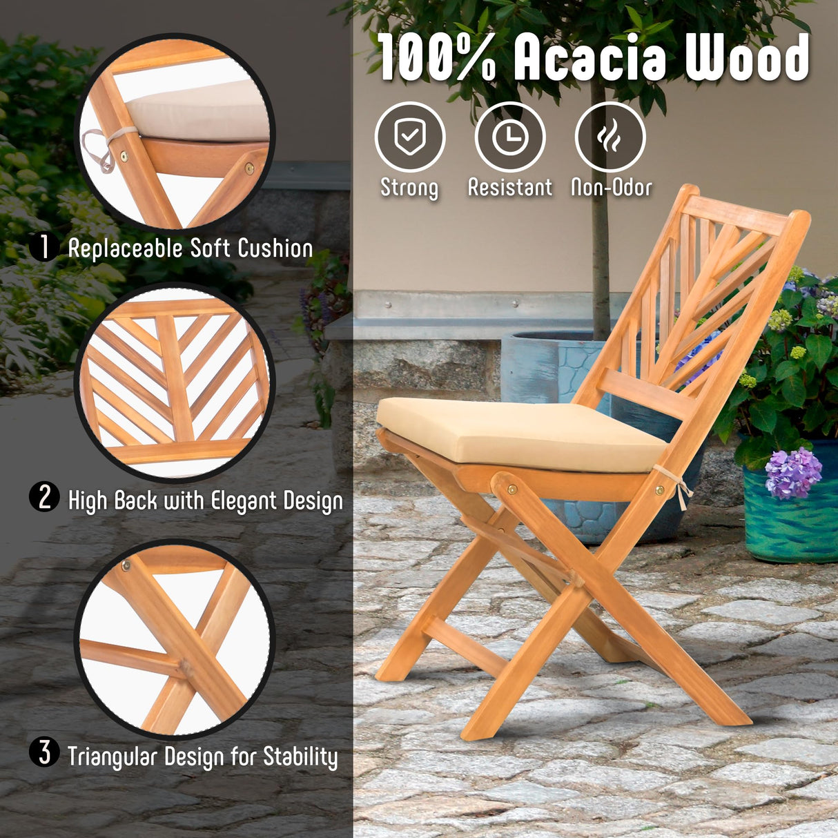 Werph 3-Piece Acacia Wood Patio Set, Foldable Bistro Table and Chairs Set of 2,Small Patio Furniture Set with Cushions,Folding Balcony Chairs Table Set for Apartment, Balcony, Deck or Porch Werph