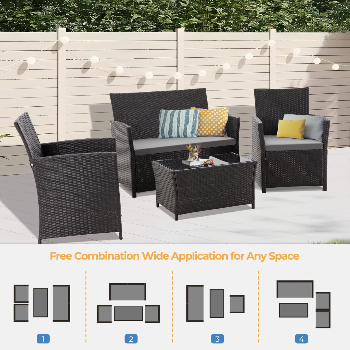 FHFO 4 Piece Outdoor Patio Furniture Sets, Outside Furniture Outdoor Sectional Wicker Conversation Sofa Set, Rattan Couch Set for Balcony Porch Backyard (Black-Grey) FHFO