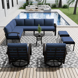 RTDTD Aluminum Patio Furniture Set, 10 Seats Outdoor Patio Conversation Set with Swivel Chair Modern Metal Patio Sectional Sofa with Coffee Table for Patio, Backyard(Navy Blue). RTDTD