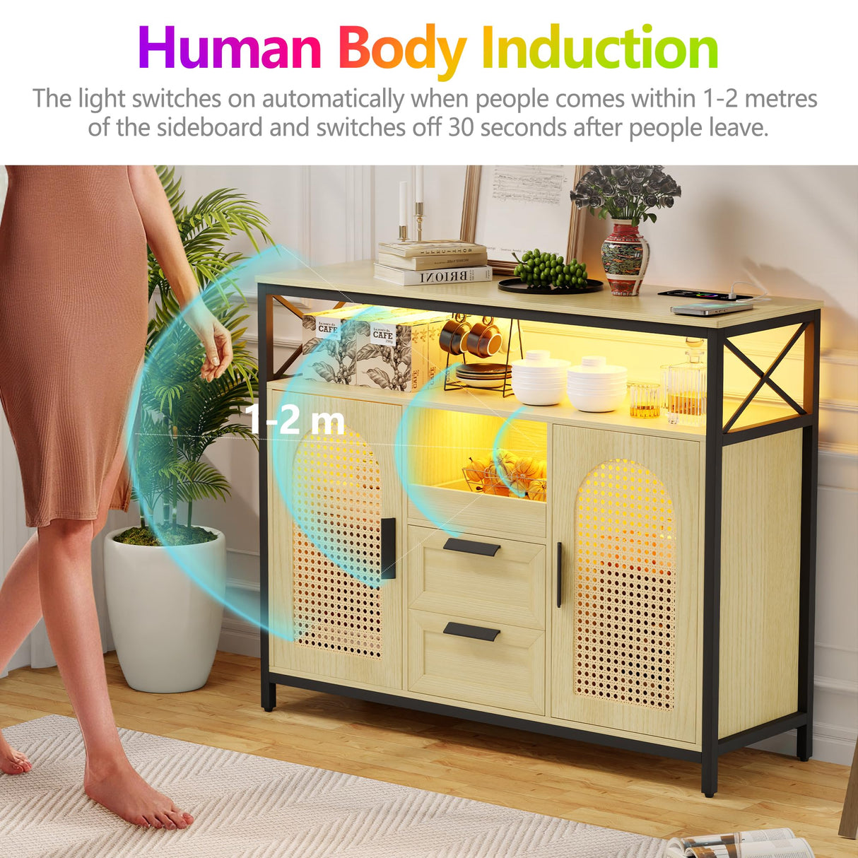 JDPAG 40” Rattan Sideboard Buffet Kitchen Storage Cabinet, LED Coffee Bar Cabinet with Charging Station, Cupboard Console Table with Adjustable Shelves (Natural) JDPAG