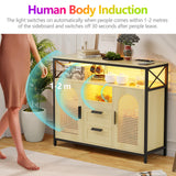 JDPAG 40” Rattan Sideboard Buffet Kitchen Storage Cabinet, LED Coffee Bar Cabinet with Charging Station, Cupboard Console Table with Adjustable Shelves (Natural) JDPAG
