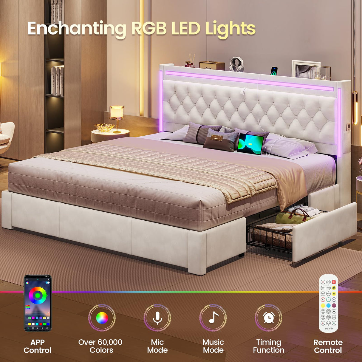 BTHFST Upholstered LED Bed Frame King Size with 3 Storage Drawers, Hidden Storage Headboard with Charging Station, Velvet Button Tufted Headboard Platform Bed, Beige BTHFST