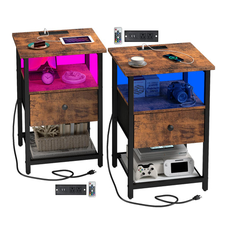 HDDDZSW LED Nightstands Set of 2 with Charging Station, Bedside Tables with USB Ports and Outlets, End Table with Fabric-Wood 2-in-1 Drawer for Small Spaces, Vintage Side Table for Bedroom,Living Room HDDDZSW