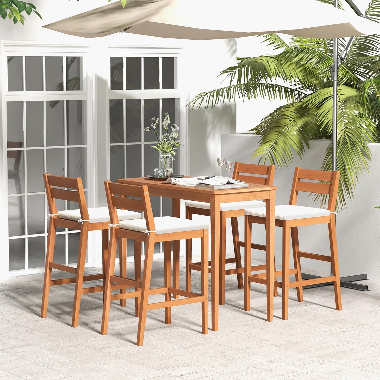 Tangkula Outdoor Eucalyptus Wood Bar Set with Cushions - 5-Piece Patio Bistro Dining Set