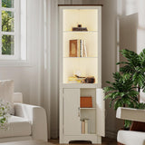 ChooChoo Farmhouse Corner Storage Cabinet with LED Lights, 5-Tier Corner Bookshelf Stand with Barn Doors, 66.9" Gothic Corner Display Cabinet with Adjustable Shelf for Living Room, Farmhouse White ChooChoo