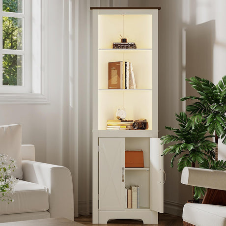 ChooChoo Farmhouse Corner Storage Cabinet with LED Lights, 5-Tier Corner Bookshelf Stand with Barn Doors, 66.9" Gothic Corner Display Cabinet with Adjustable Shelf for Living Room, Farmhouse White ChooChoo
