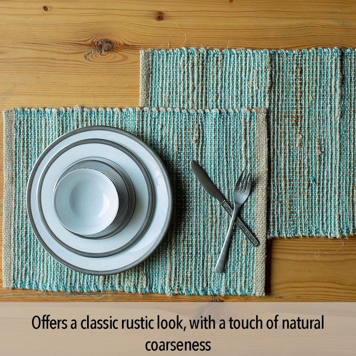 Chardin Home Natural Jute & Aqua Turquoise Placemats, Set of 4 – Rustic Handmade Boho Table Mats, 13x19 in Dining Table Placemats - Kitchen, Everyday Meals, Holidays, Farmhouse or Modern Table Décor Chardin home