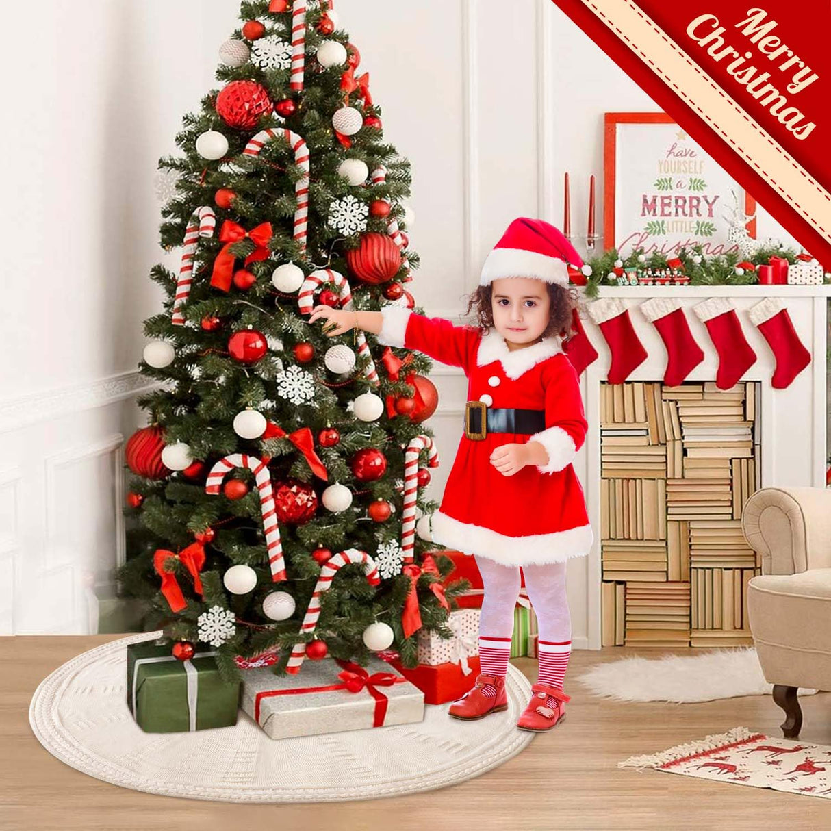 EIMMBD Christmas Tree Skirt, 48 inches Cable Knit Knitted Thick Rustic Christmas Tree Decoration for Xmas Indoor Home Holiday (Cream) EIMMBD