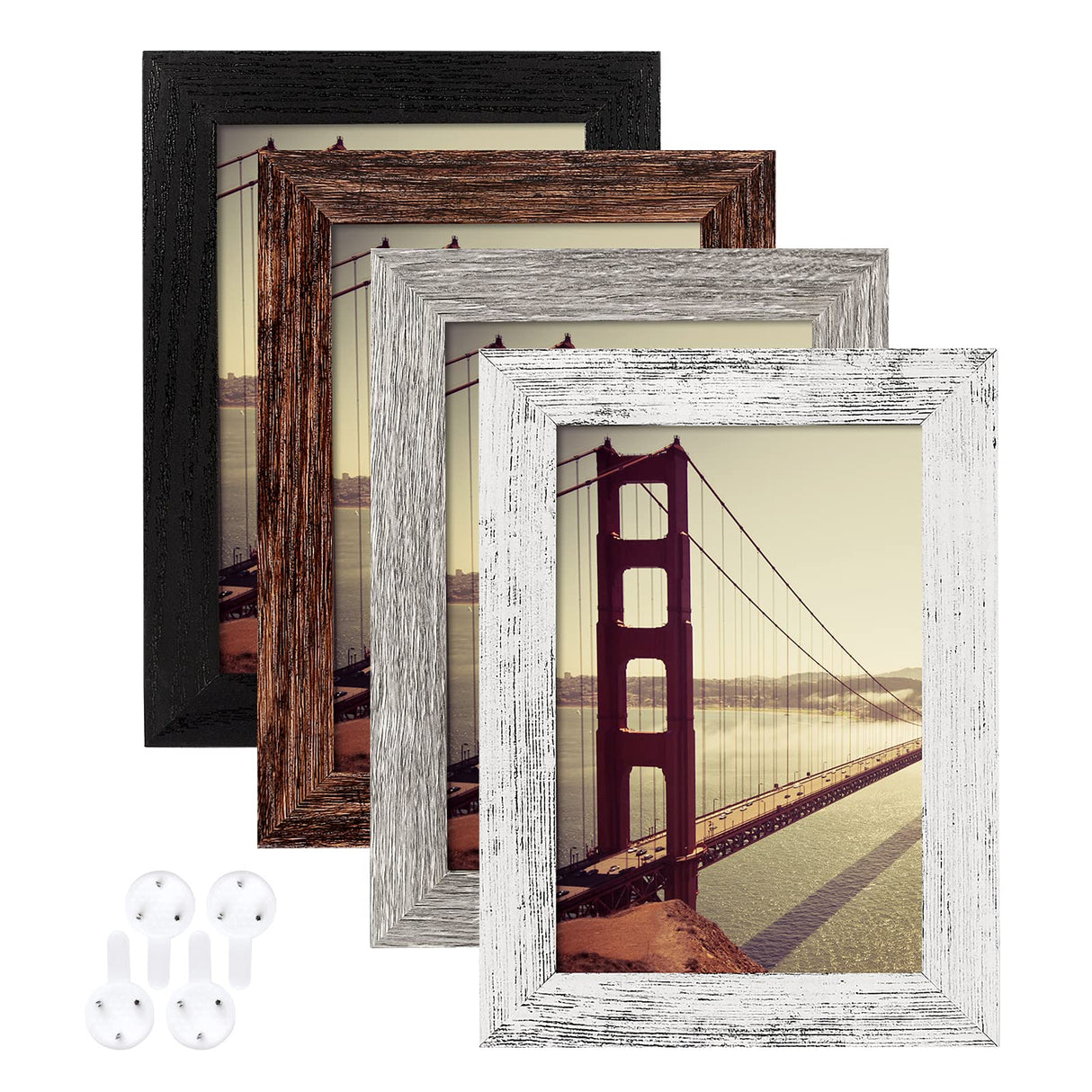 BAIJIALI 4x6 Picture Frame Distressed Farmhouse Wood Pattern Set of 4 with Tempered Glass,Display 3.5x5 with Mat or 4x6 Without Mat,Multicolour BAIJIALI