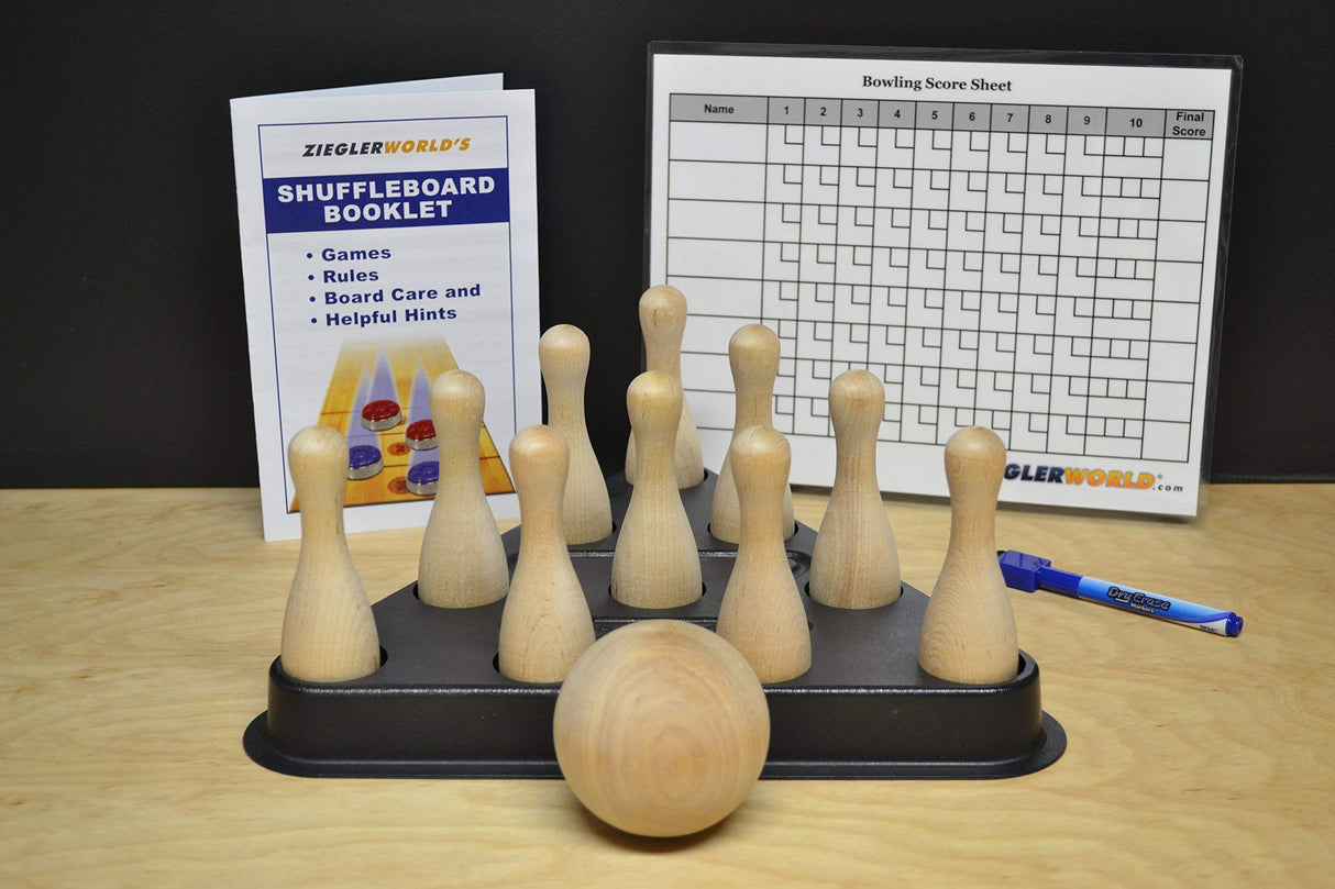 Zieglerworld Table Shuffleboard Bowling Brown Pins - Pinsetter - Rules Booklet - Score Chart - Carrier Bag & Wood Ball Zieglerworld