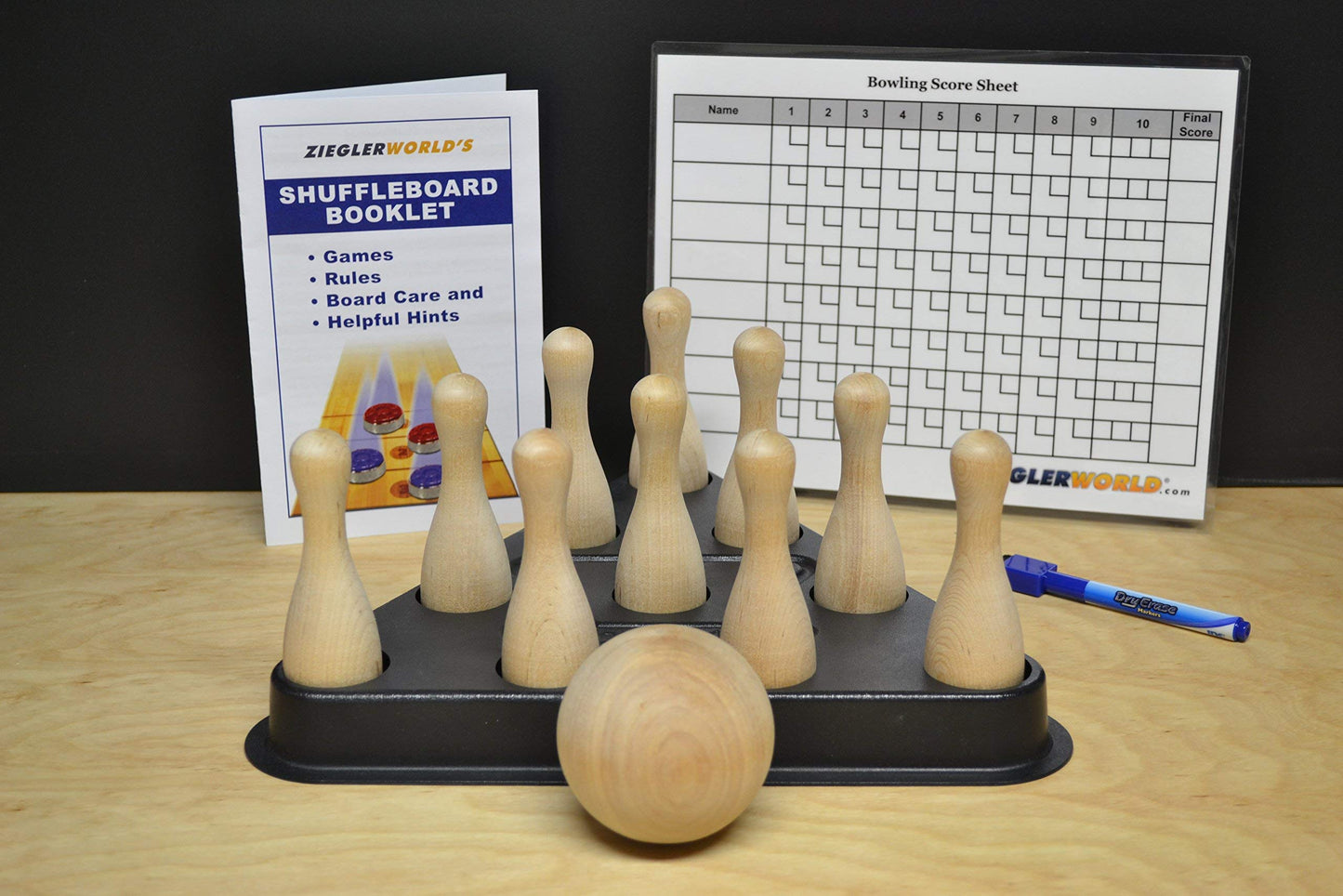 Zieglerworld Table Shuffleboard Bowling Brown Pins - Pinsetter - Rules Booklet - Score Chart - Carrier Bag & Wood Ball - WoodArtSupply