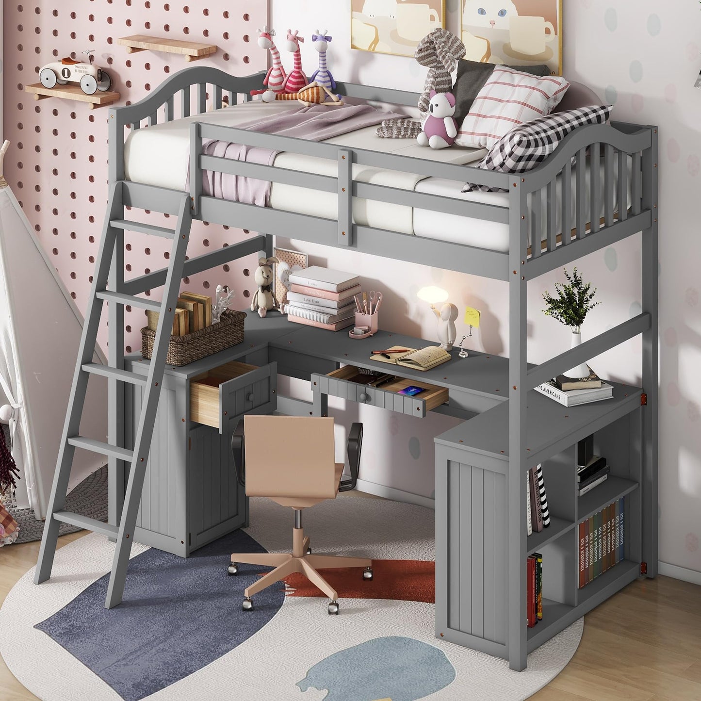 Harper & Bright Designs Grey Twin Size Loft Bed with Integrated Desk, Drawers, and Storage Solutions for Kids and Teens - WoodArtSupply