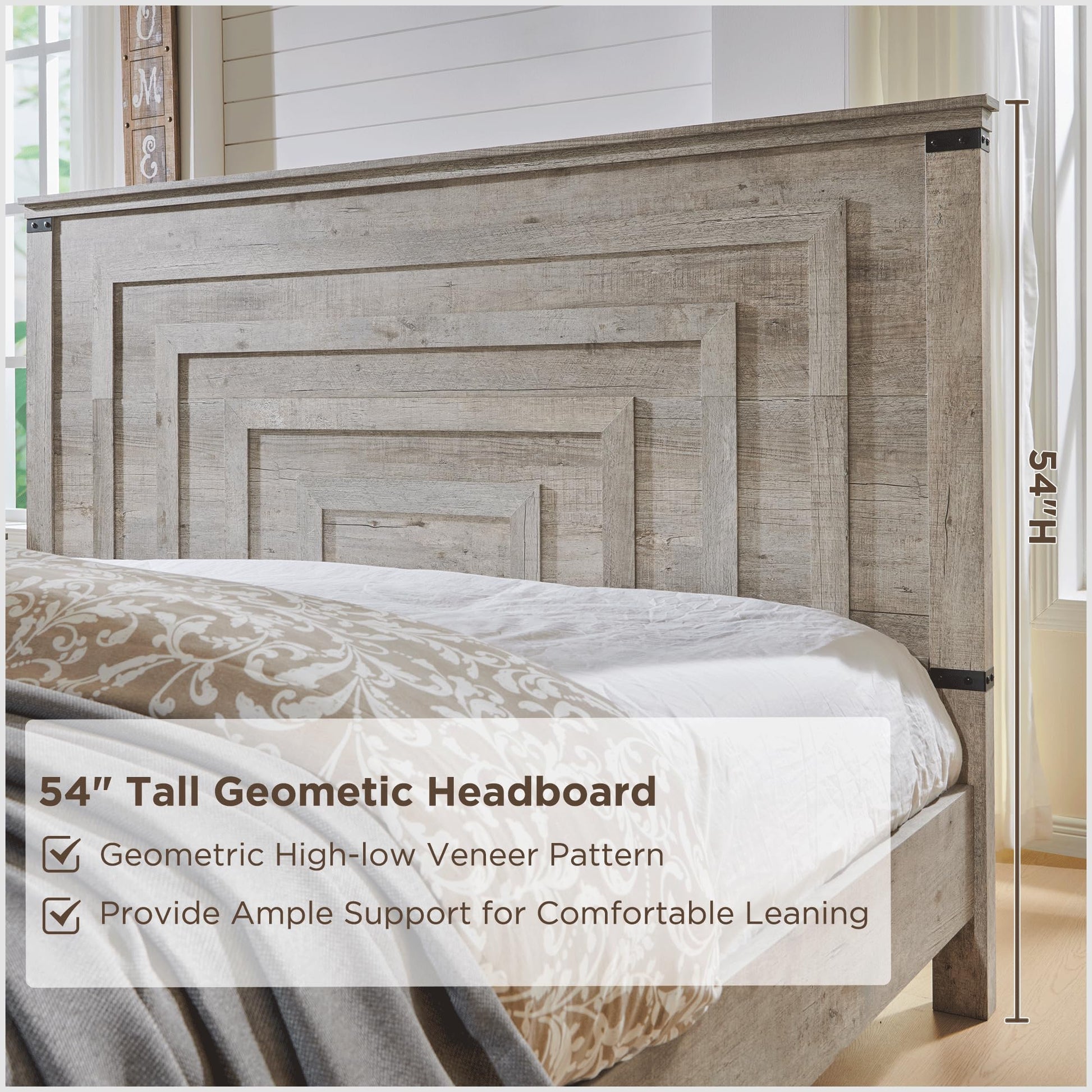 RedLemon Farmhouse Queen Bed Frame with 54" Geometric Headboard & Storage Drawers in Light Rustic Oak - WoodArtSupply