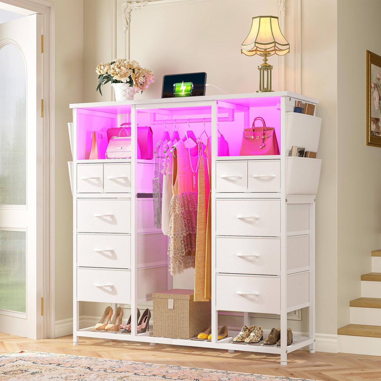 Romorgniz White Dressers for Bedroom with Hanging Rack, 10 Drawers Dresser with LED Lights & Charging Station, Chest of Drawers & Wooden Top, Bedroom, 15.8" D x 47.3" W x 51.2" H Romorgniz