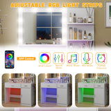 HuaYing White Vanity Desk with Mirror and Lights, Vanitys with Glass Top & Power Outlet, Dressing Table with 36 Lighting Modes Brightness Adjustable RGB Drawers, for Women Girls Bedroom HuaYing