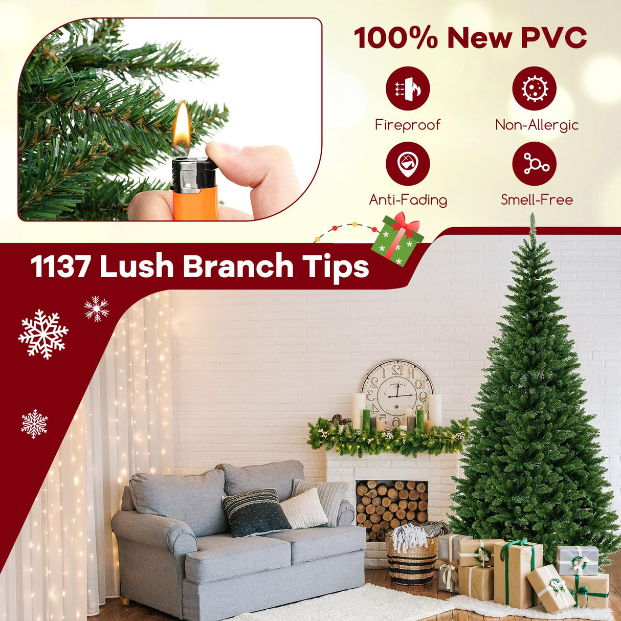 Goplus 8 FT 270° Pre-Lit Corner Christmas Tree for Wall, Artificial Hinged Xmas Tree with 360 Warm White LED Lights, 1137 Branch Tips, Folding Metal Stand, Festive Decoration for Small Space Goplus