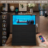 Hasuit Nightstand with Charging Station and LED Lights, Large Bedside Table with 3 Storage Drawer, Black Night Stand for Bedroom, Wider Tabletop 19.0''(L) x 15.0''(W) Hasuit