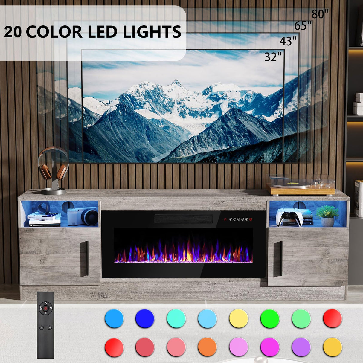 PRETZI Fireplace TV Stand with 36" Fireplace Up to 80" TVs,70" Entertainment Center with LED Lights,Remote Control,TV Media Console with Storage Cabinets for Living Room, Gray PRETZI