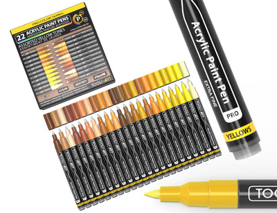 Acrylic Paint Pens 22 Yellow & Brown Tones Assorted Pro Color Series Markers Set 0.7mm Extra Fine Tip for Rock Painting, Glass, Mugs, Wood, Metal, Canvas, Projects, Non Toxic, Waterbased, Quick Drying