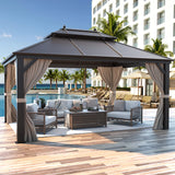 MELLCOM 10' x 13' Hardtop Gazebo, Galvanized Steel Metal Double Roof Aluminum Gazebo with Curtains and Netting, Brown Permanent Pavilion Gazebo with Aluminum Frame for Patio, Lawn & Garden MELLCOM