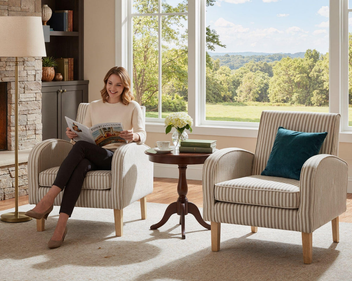 Farmhouse Striped Accent Chair for Living Room Set of 1, Linen Fabric Modern Comfy Armchairs with Cushion, Upholstered Striped Reading Chairs for Bedroom Couch Chair with Wood Legs, Khaki LIVINOVA