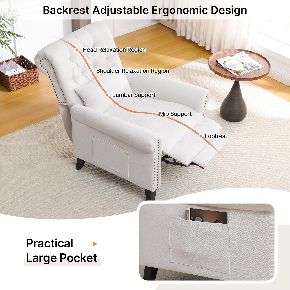 choairy Pushback Recliner Chair, Accent Push Back Chairs Set of 2 with Adjustable Footrest Wingback, Upholstered Linen Reclining Sofa with Side Pocket, Comfy Modern Armchair for Living Room, Beige choairy