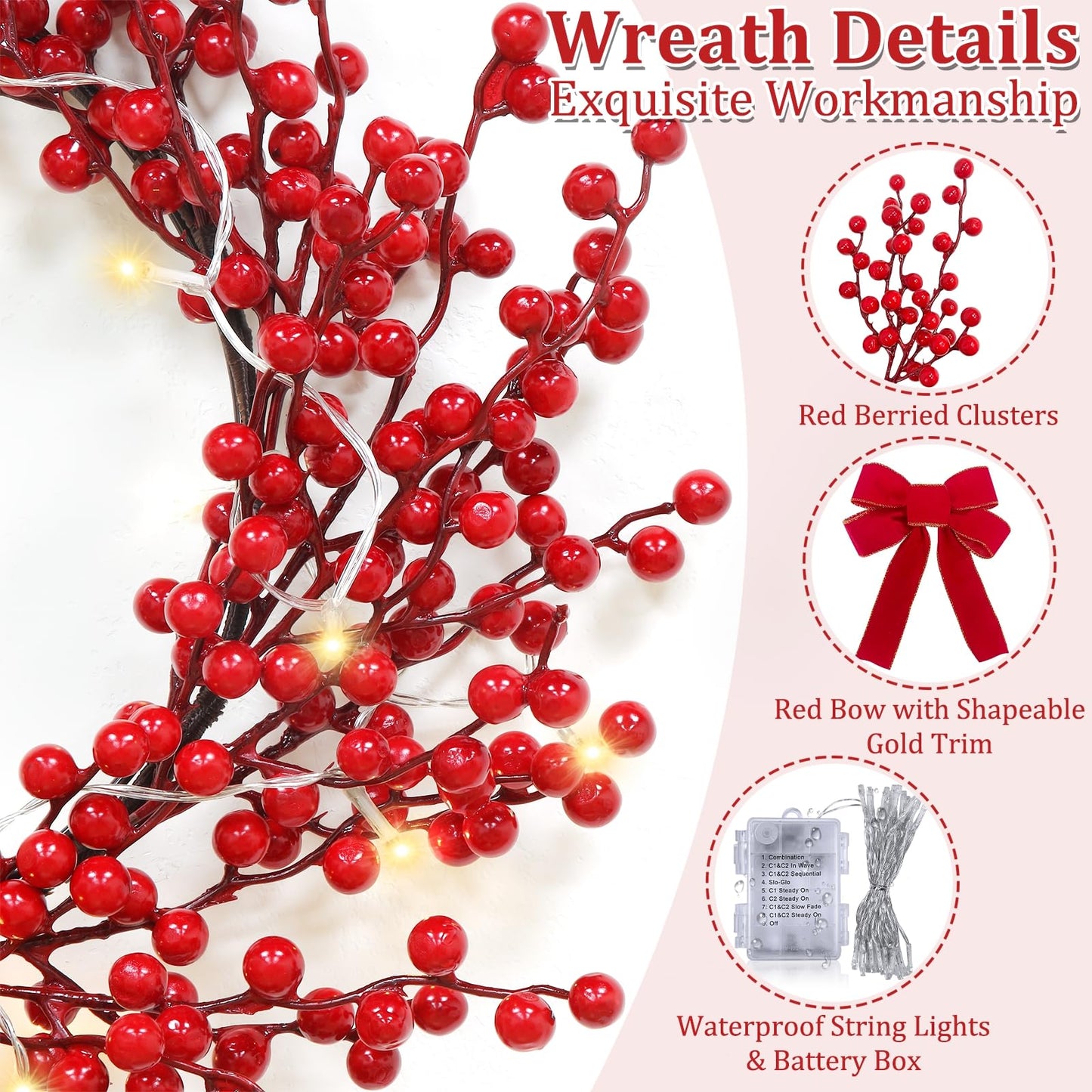 TURNMEON Dual Color Change&Timer 8 Modes Lighted Christmas Wreaths for Front Door, 20 Warm White&Color Lights with Bowknot Artificial Red Berry Christmas Wreath Xmas Winter Wreath Home Holiday 18 Inch