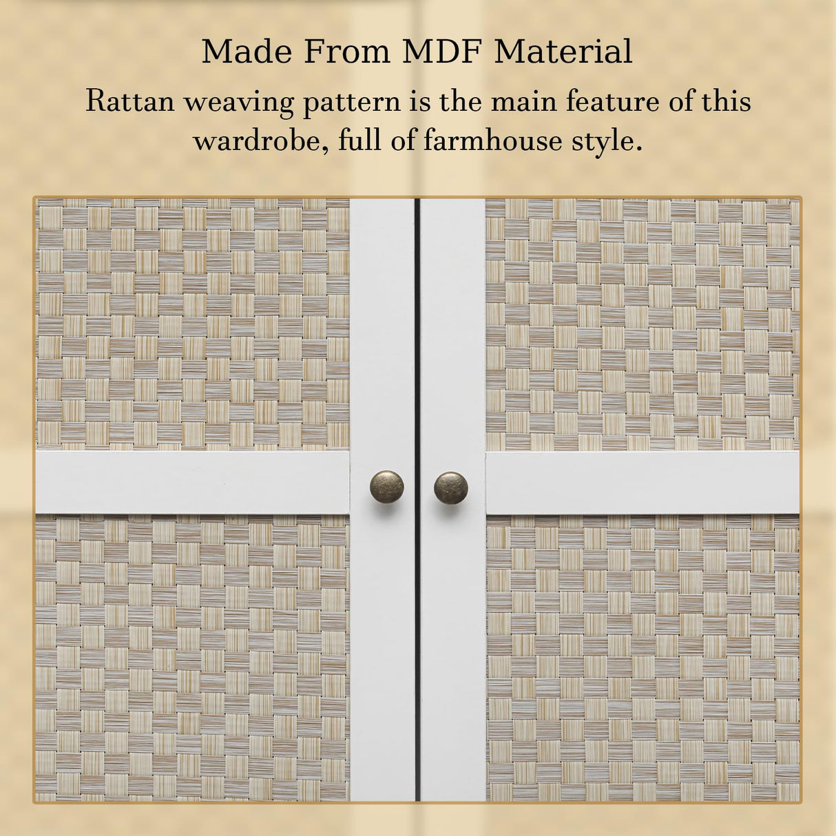 YHAOWORKS Armoire Wardrobe Closet with Drawers - Rattan Clothing Storage Cabinets with 2 Woven Doors, 71" Wood Wardrobe Cabinet with Hanging Rod for Bedroom (White) YHAOWORKS