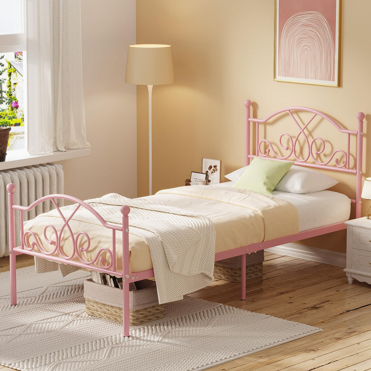 Weehom Twin Bed Frames, Modern Twin Size Metal Bed Frames for Kids Girls, No Box-Spring Needed Twin Platform Bed Frame with Unique Headboard and Footboard, 11.23 Inches Storage Space - Pink Weehom