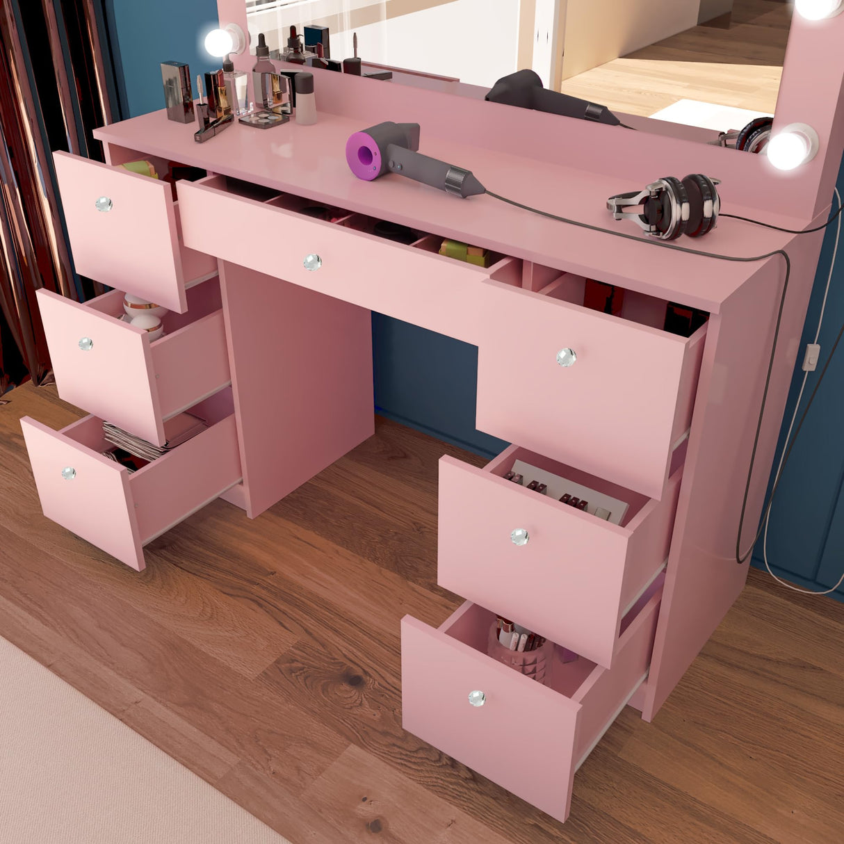 Boahaus Freya Large Makeup Vanity Desk with Hollywood Lights, 7 Drawers, USB Type-C & Type-A Ports, Charging Station, Hair Dryer Hanger, Crystal Knobs– Vanity Desk for Bedroom, Premium Finish (Pink) Boahaus