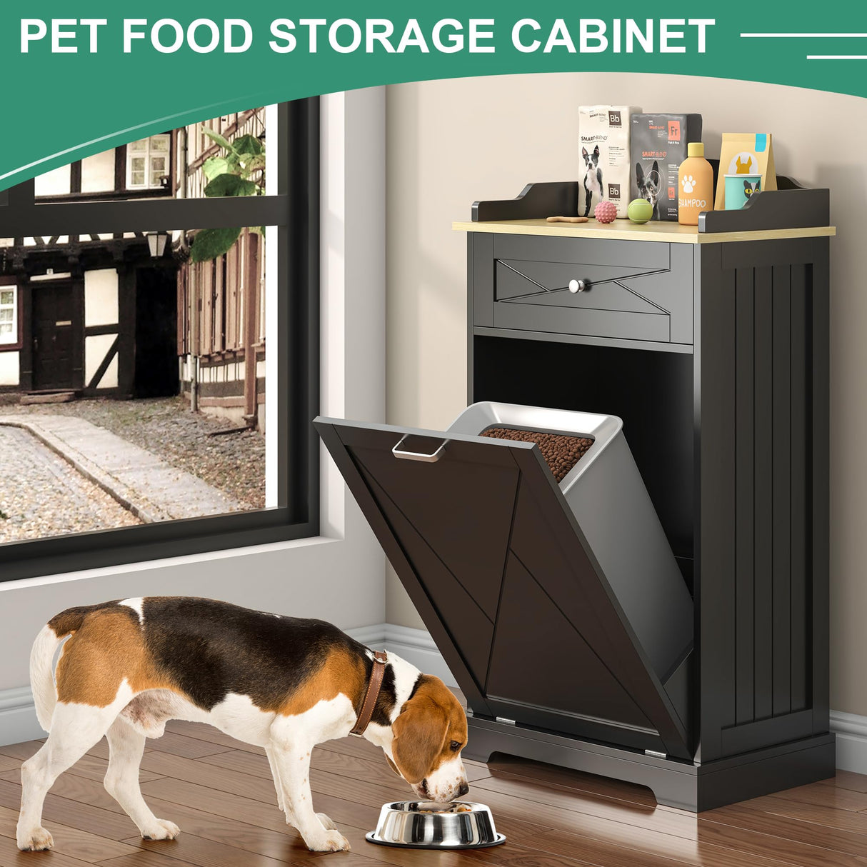 Tilt Out Laundry Hamper Cabinet with Drawer, Tilt Out Trash Can Cabinet 12 Gallon, Kitchen Island with Trash Can Cabinet, Trash Garbage Can Bin Cabinet for Laundry Room, Kitchen (Black, single door) Jehiatek