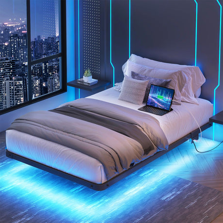 YGEOMER Twin Size Floating Bed Frame with Charging Station, Modern Metal Platform Bed Frames with LED Light, Easy Assembly, Black YGEOMER