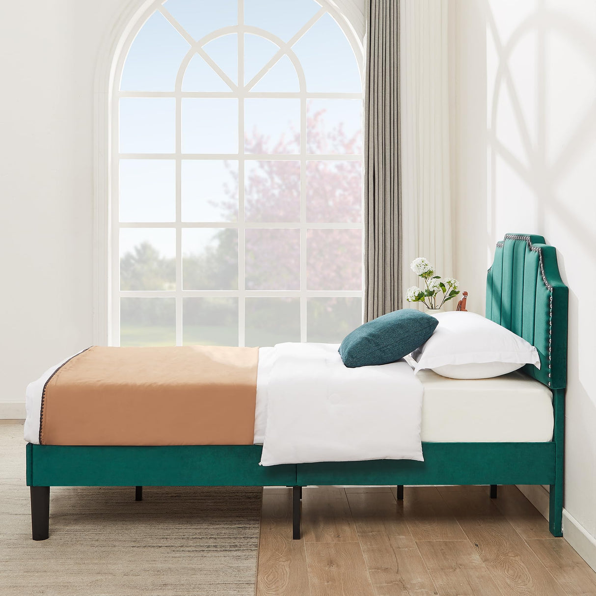 VECELO Twin Upholstered Platform Bed Frame with Tufted Adjustable Headboard/Mattress Foundation/Wood Slat Support,Easy Assembly,Dark Green VECELO