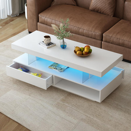LUMISOL High Gloss Coffee Table with 16 Color LED Lights, UV Cocktail Table with Storage Drawer, Modern Center Table with Storage Shelf for Living Room, White LUMISOL