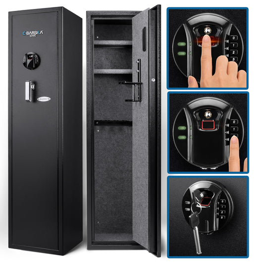 Barska Quick and Easy Dual Access Digital Biometric Fingerprint & Keypad Code Rifle Firearm and Long Gun Safe for Home - 11 Position - WoodArtSupply