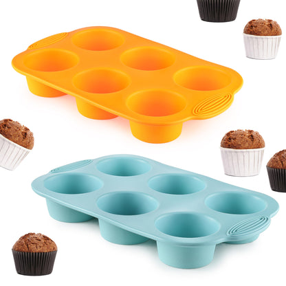 2PCS Silicone Muffin Cupcake Pan Molds, Ohola 6-Cavity Nonstick Silicone Muffin Pans for baking, Perfect for Cupcakes, Muffin, Brownies and More, BPA Free, 2 Pack (Orange and Peacock Blue)