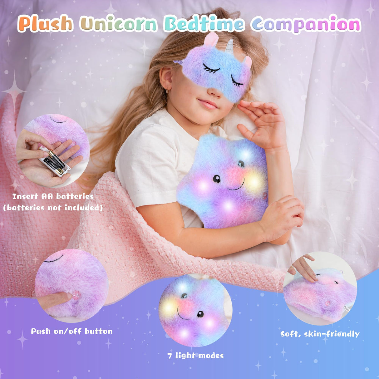 PERRYHOME Unicorns Gifts for Girls Age 4 5 6 7 8 9 10+ Birthday Back to School Day Gifts,Soft Plush Toys Set with Light-up Star Pillow,DIY 900ML Bottle,Diary,Coin Purse,Unicorn Plush Accessory PERRYHOME