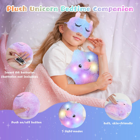 PERRYHOME Unicorns Gifts for Girls Age 4 5 6 7 8 9 10+ Birthday Back to School Day Gifts,Soft Plush Toys Set with Light-up Star Pillow,DIY 900ML Bottle,Diary,Coin Purse,Unicorn Plush Accessory PERRYHOME
