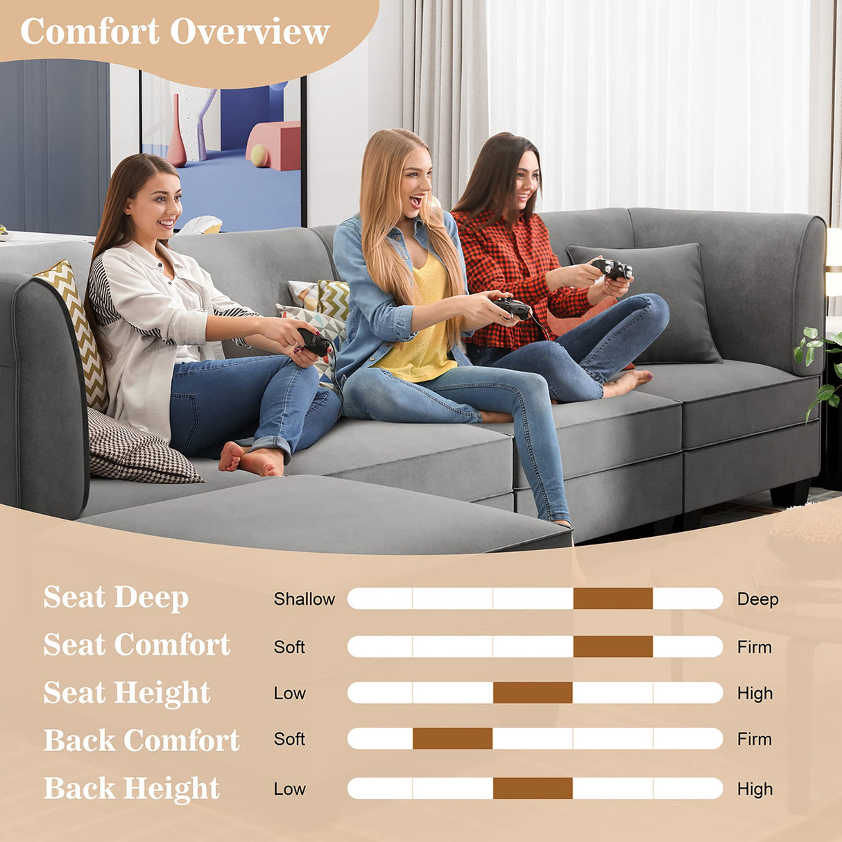 Vongrasig 5 Pieces Sectional Couch Modular Sofa with Reversible Chaise 116" Velvet L-Shaped Couch Sofa 4-seat Modular Large Sectional Couch with Ottoman for Living Room, Upholstered Cushion (Grey) Vongrasig