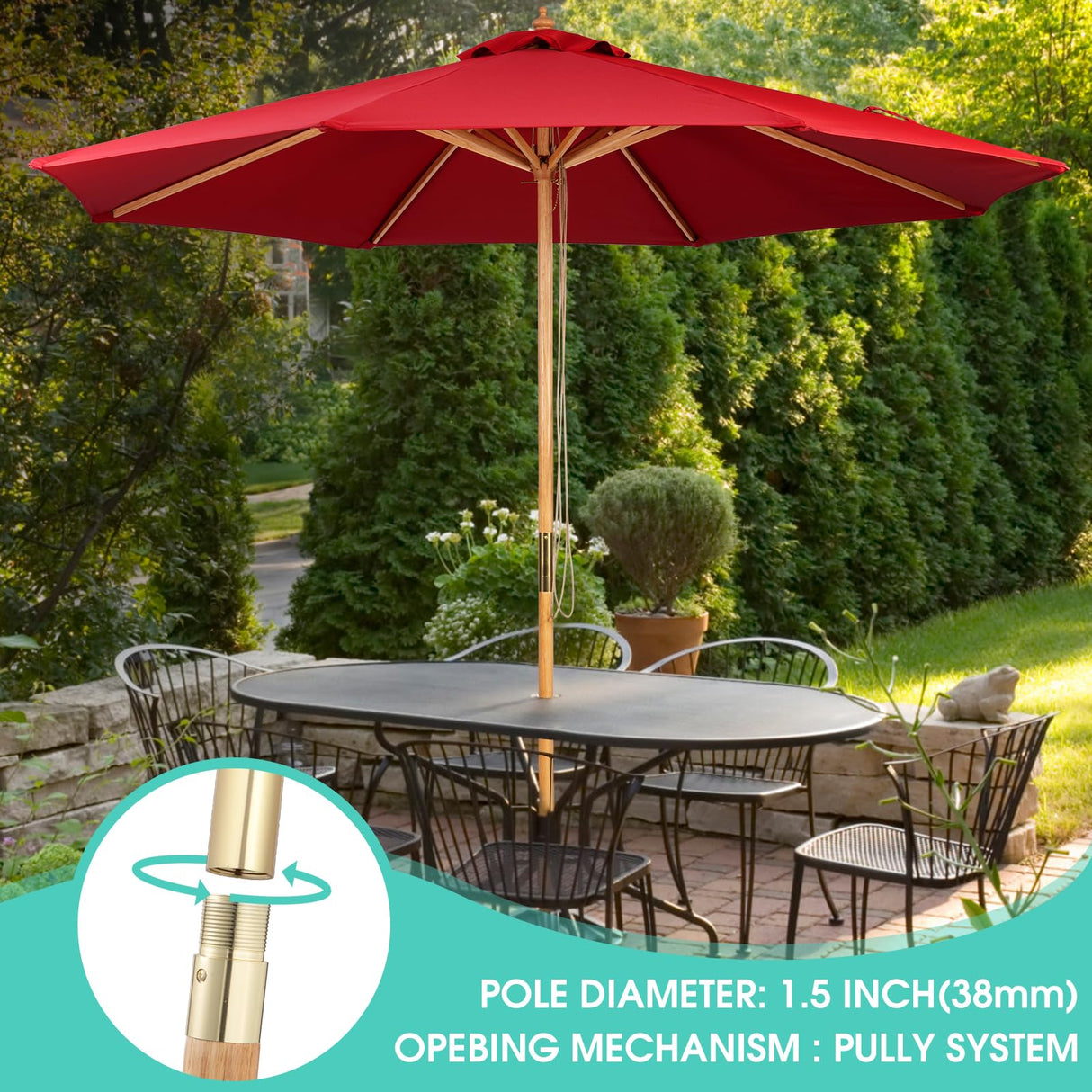 CASUNER 9FT Bamboo Umbrella, Outdoor Patio Umbrella, Waterproof Market Umbrella, 8 Ribs Table Umbrella with Pulley Lift for Garden, Deck, Pool, lawn, Backyard (RED) CASUNER
