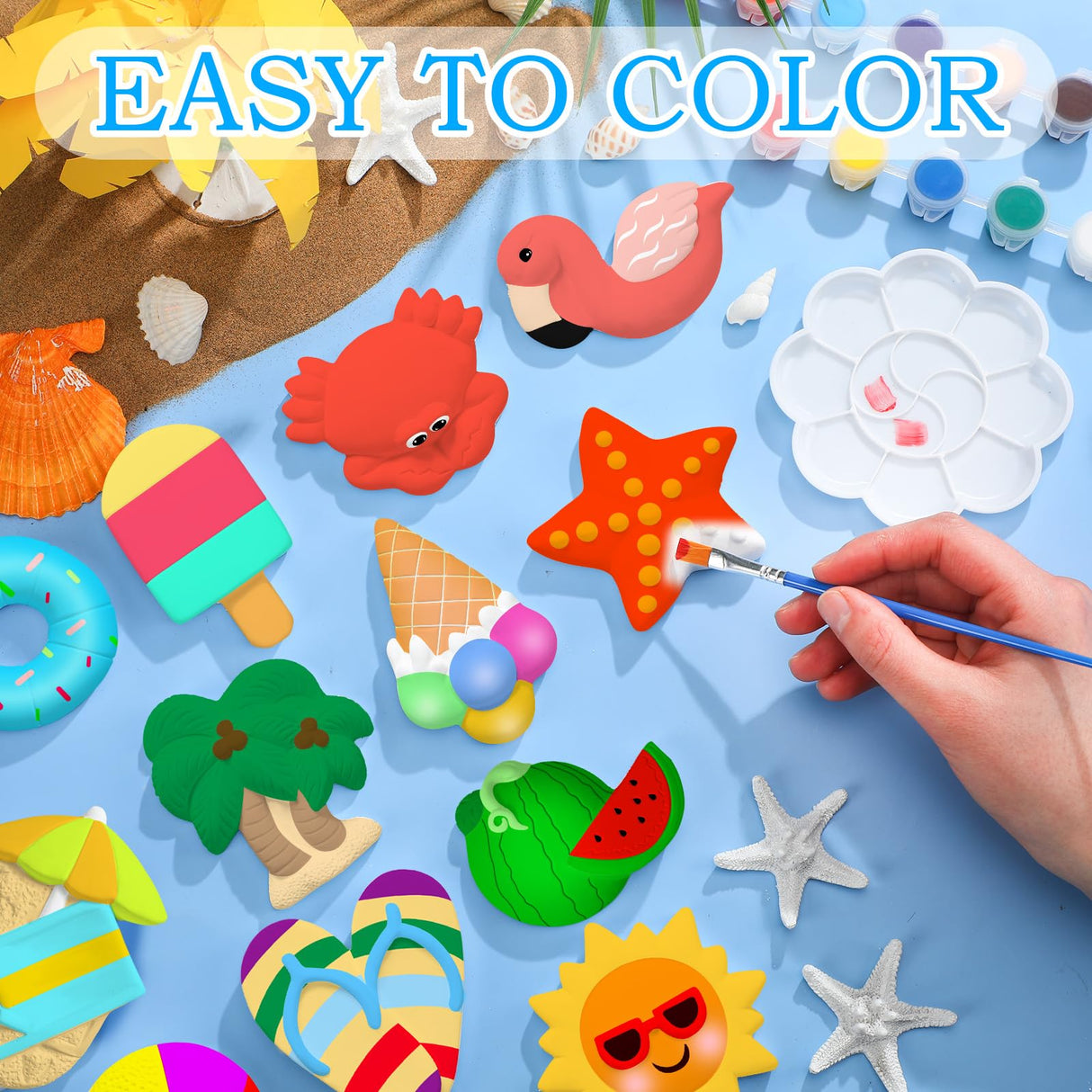Sinmoe 12 Sets Arts and Crafts Set Painting Kit for Kids Unpainted DIY Ceramic Figurines Paint Your Own Figurines with 12 Magnet 2 Brushes and 1 Palette Ceramic Painting Kit for Toddler (Beach) Sinmoe