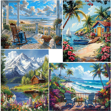 Paint by Numbers for Adults and Kids Beginner, 4 Pack Landscape Painting by Number Kits On Canvas, Number Artist Paint by Number Kit DIY Oil Painting Acrylic Paints, Home Wall Decor 7.8x11.8in Fairyland JinWenn
